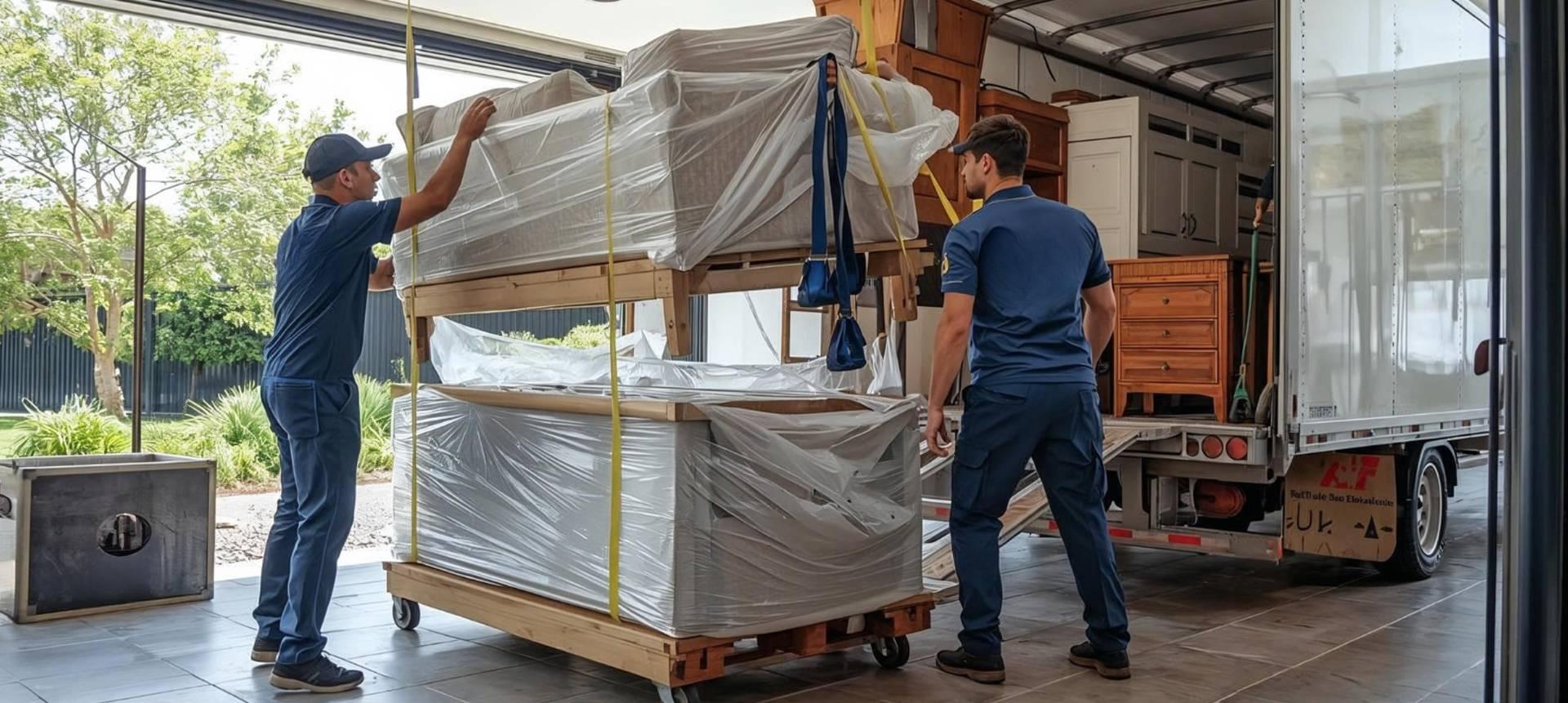 Moving team securing wrapped furniture inside a truck