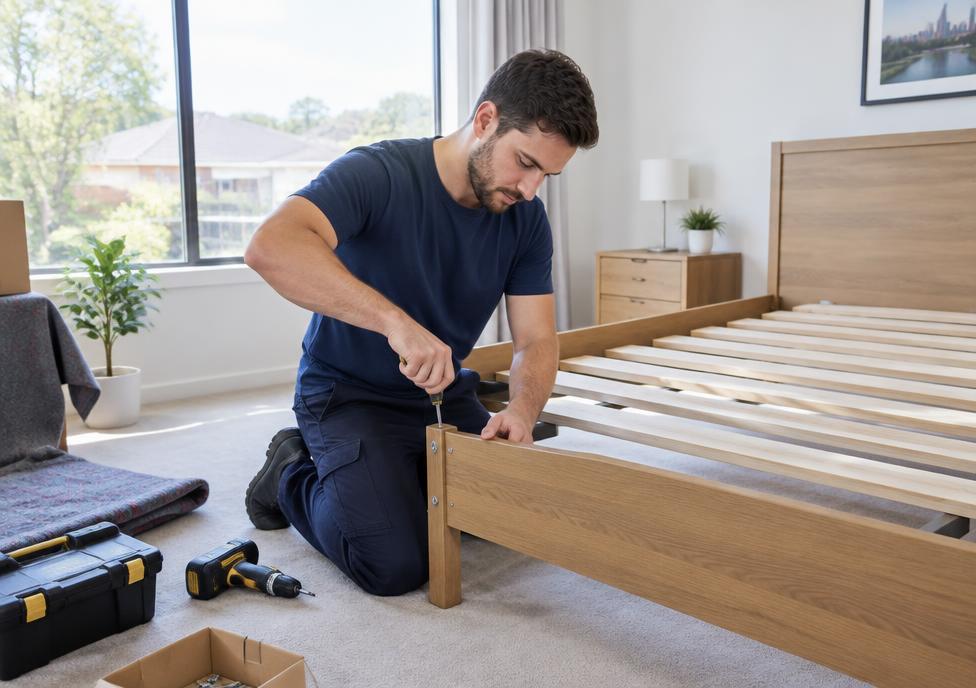 Mover assembling a wooden bed frame