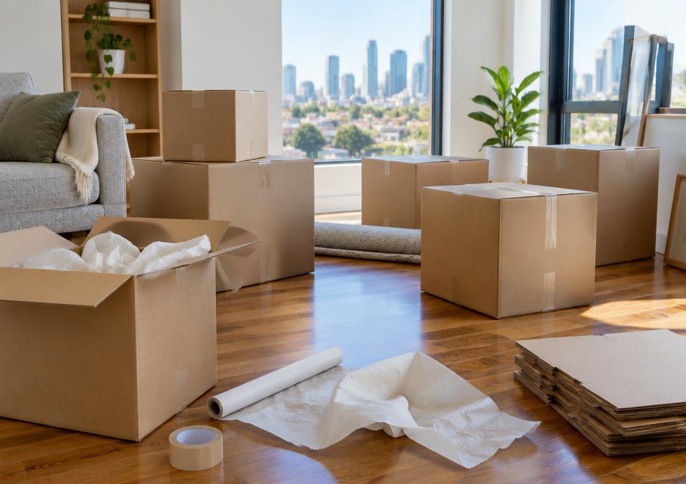 Unmarked moving boxes and packing materials in a home