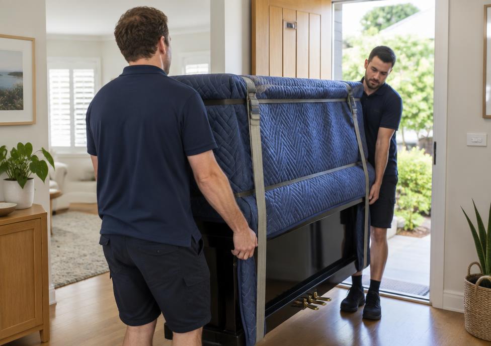 Movers carefully carrying a padded upright piano