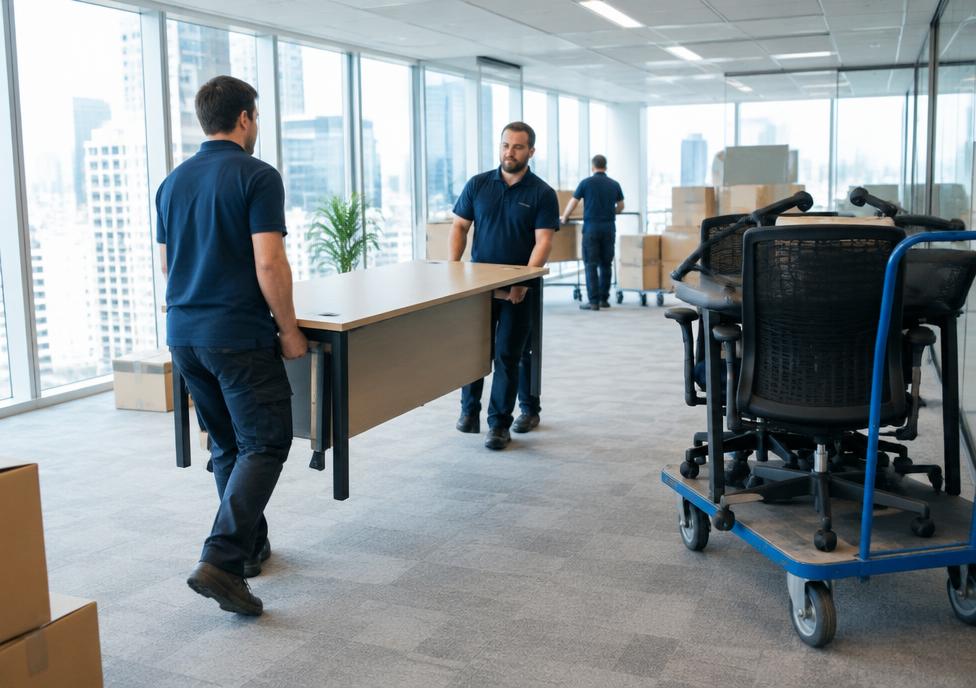 Movers carrying a desk inside an office